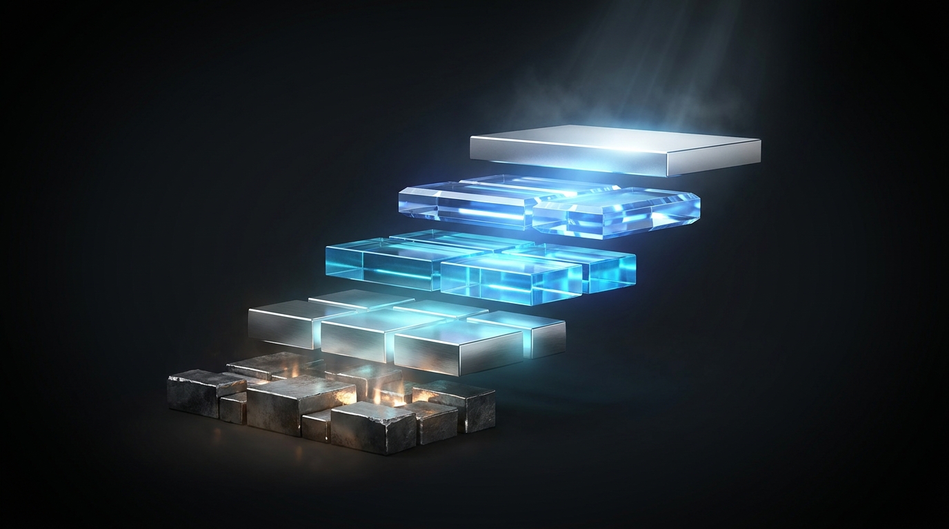 A tiered staircase of glowing geometric blocks ascending from dim manual controls to a bright apex of autonomous systems, set against a dark gradient background.