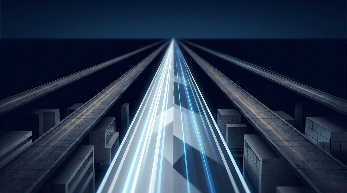 A bold editorial illustration of multiple glowing pathways converging toward a single dominant route, symbolizing choosing the best Google Ads management alternative
