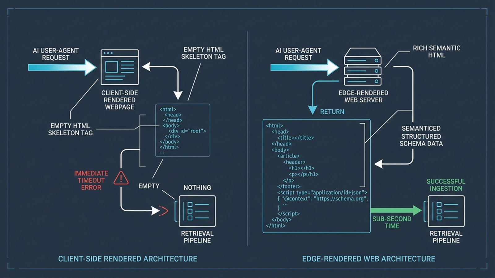 An AI crawler receives an empty root div from one site and readable HTML from another.